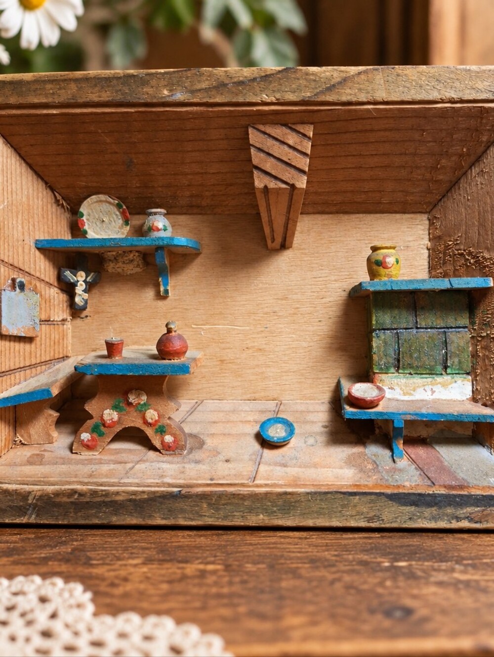 Vintage German Cottage Scene  Miniature Handmade Folk Art Shadow Box 4x5.5